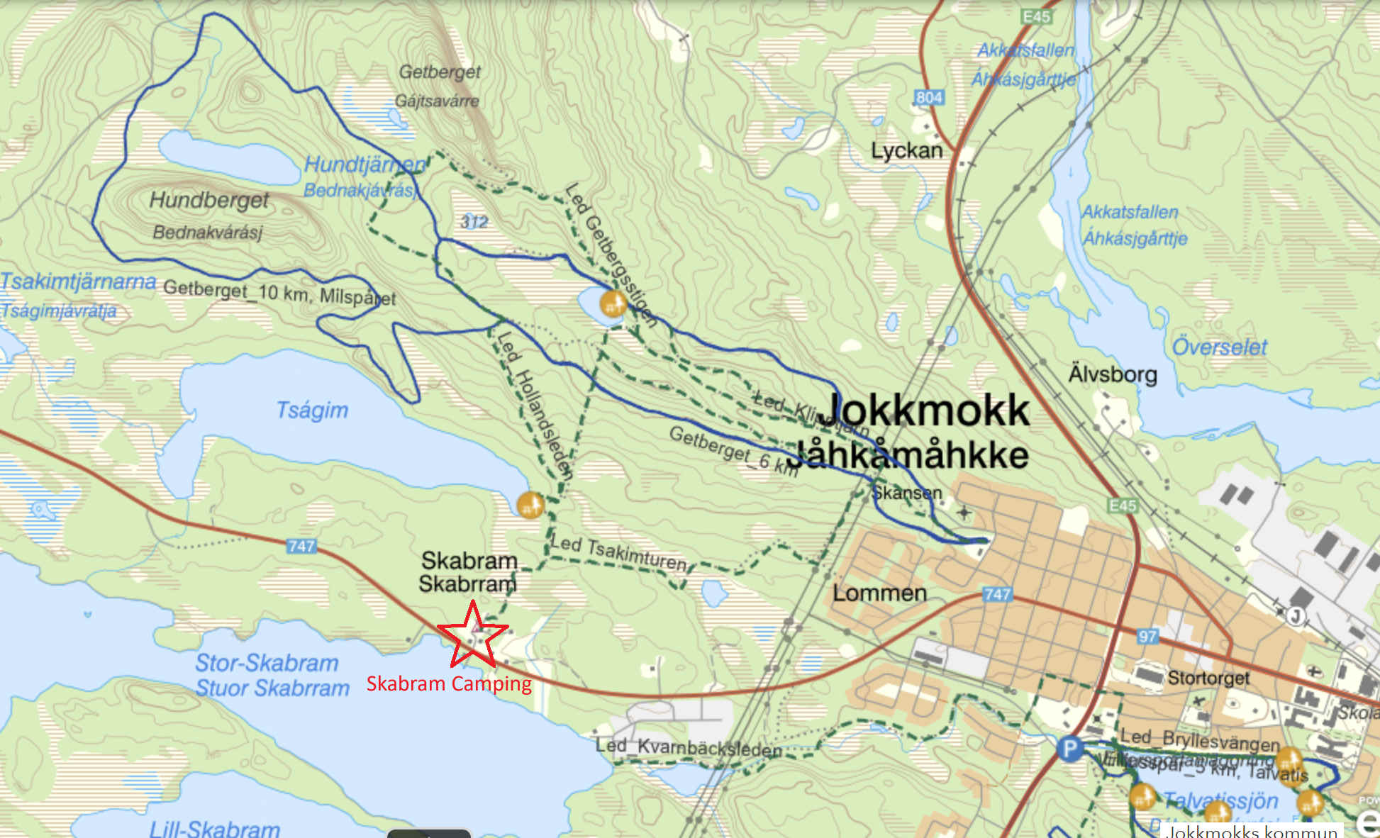 Map over hiking trails around Skabram
